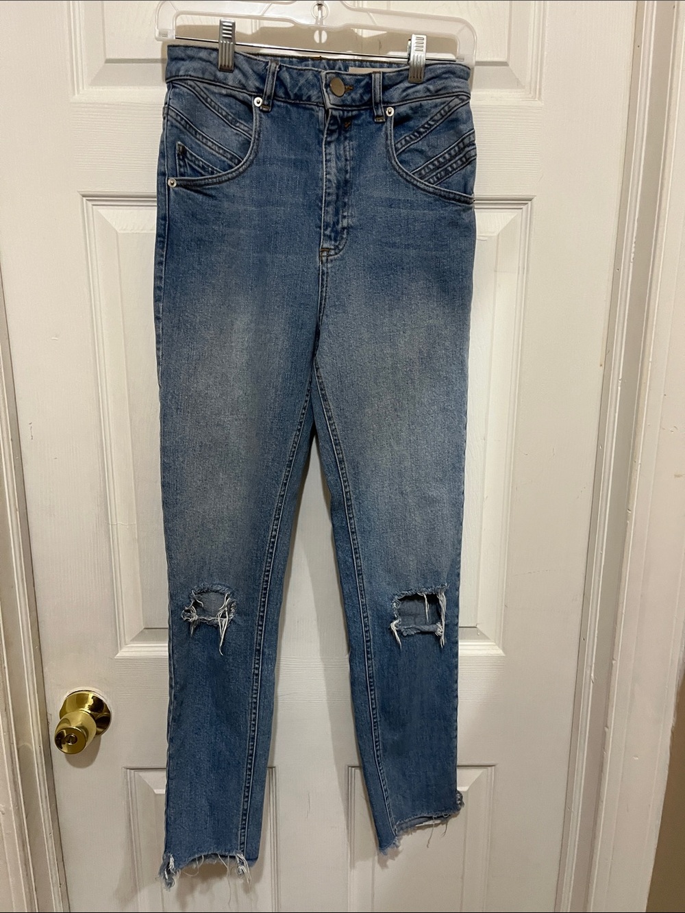 ASOS High-Rise Skinny Jeans in Mid Blue with Knee Rips